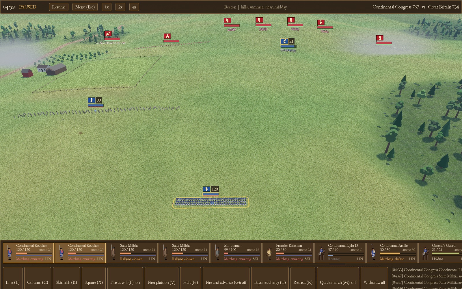 A 3D battlefield near Boston: a Continental regiment in line faces British regiments across open pasture, with the order bar below.